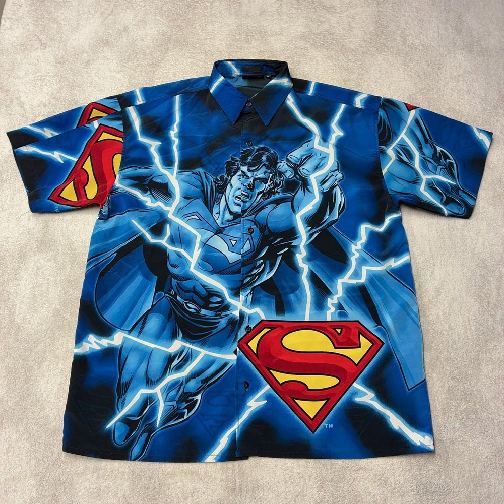 Vintage 2001 Warner Bros Superman Shirt Lightning All Over Print Blue Y2K Mens M
